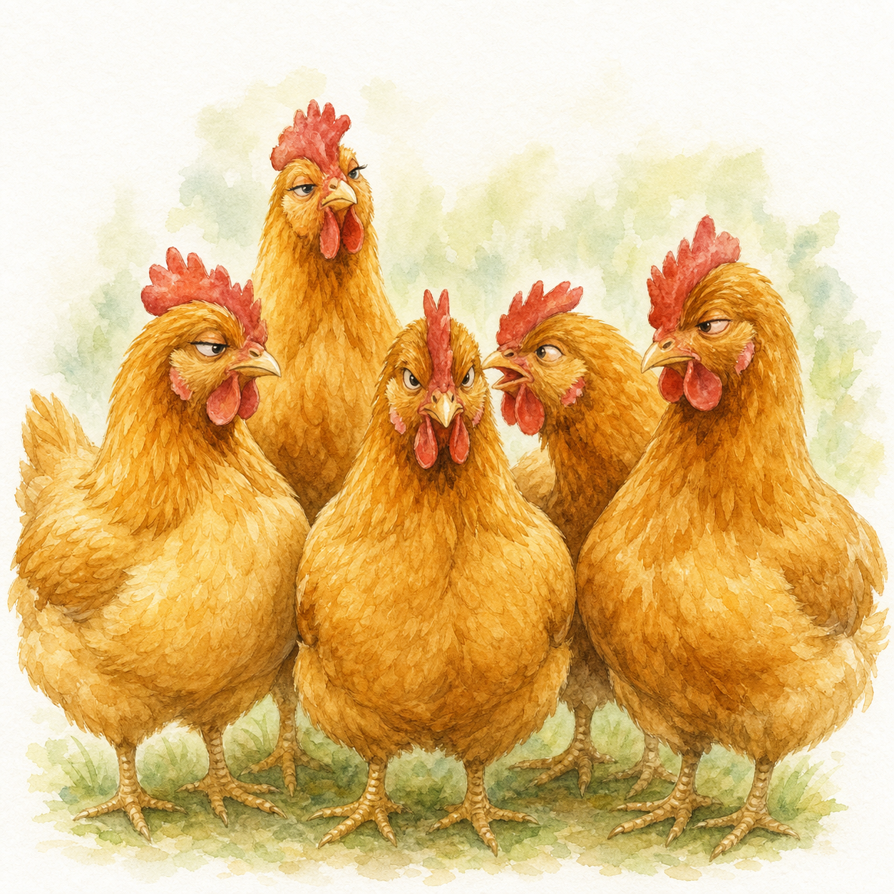 Watercolor portrait of five golden chickens