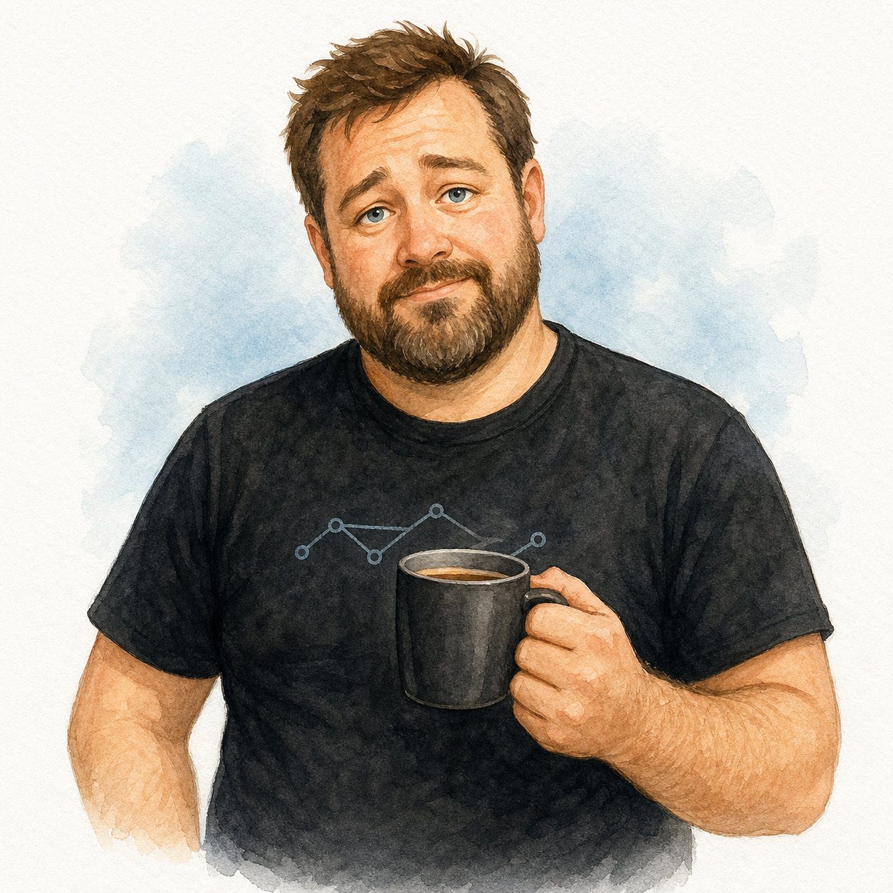 Watercolor portrait of Dad holding coffee