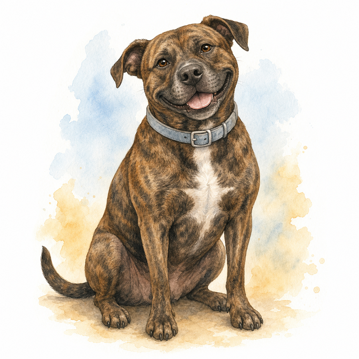 Watercolor portrait of George the brindle dog