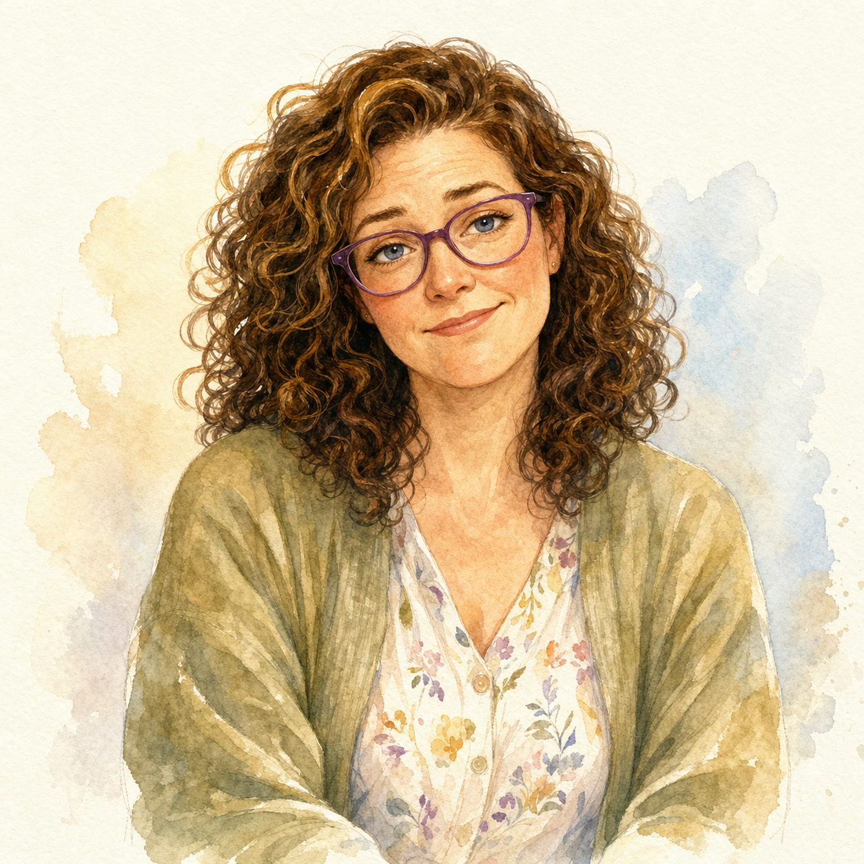 Watercolor portrait of Mum with purple glasses