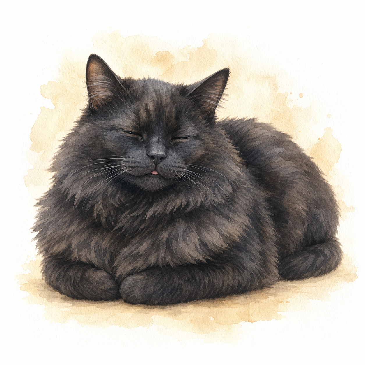 Watercolor portrait of Patrick the fluffy charcoal cat