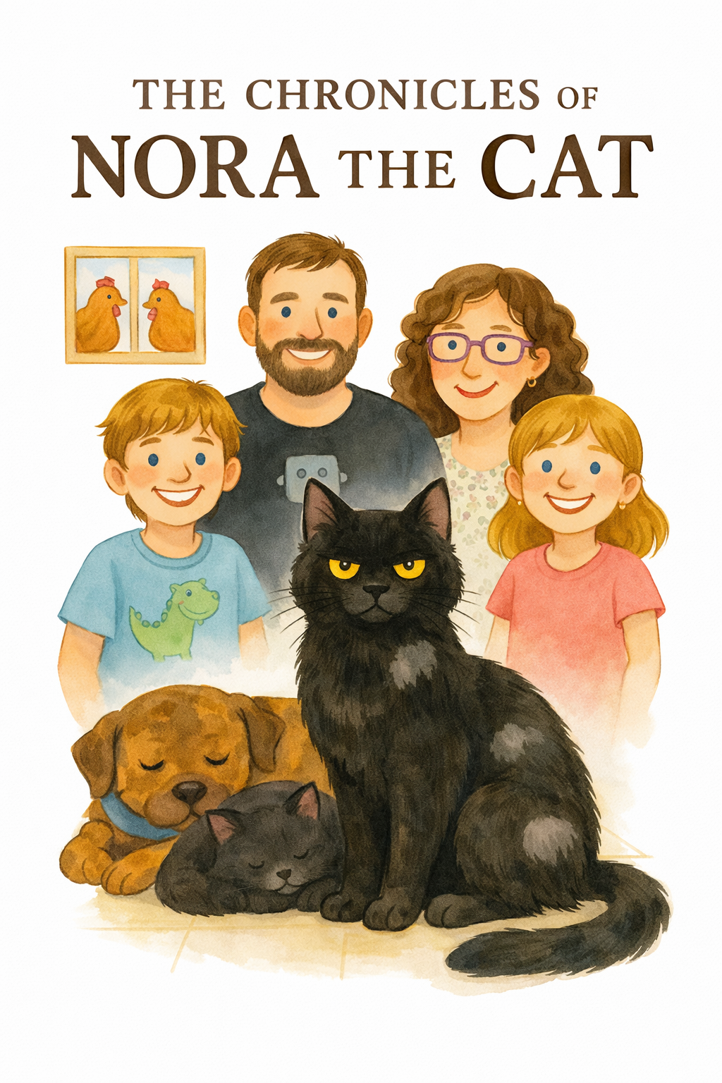 The Chronicles of Nora the Cat book cover with Nora, George, Patrick, chickens, and family