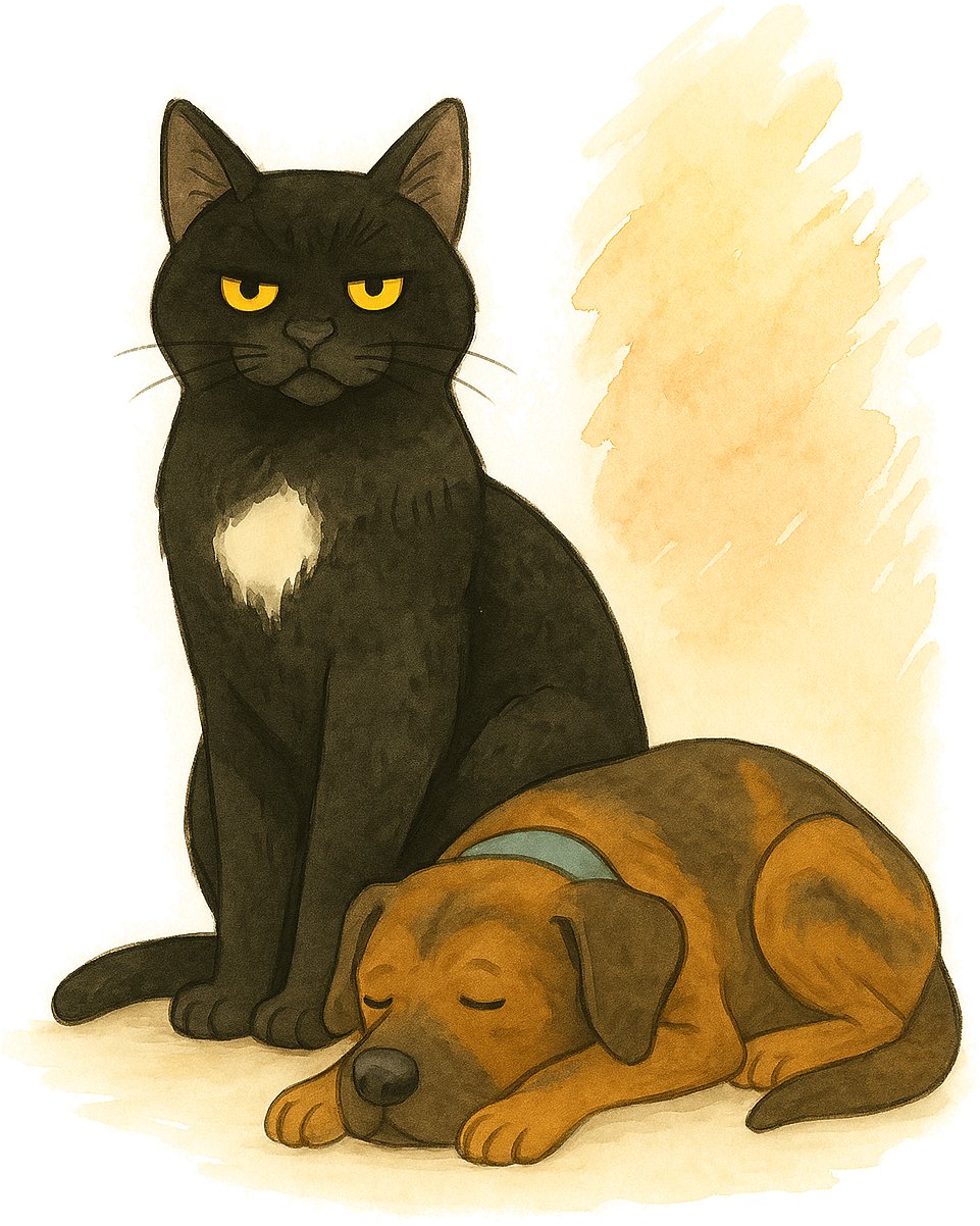 Nora the black cat sitting beside a sleeping brindle dog named George